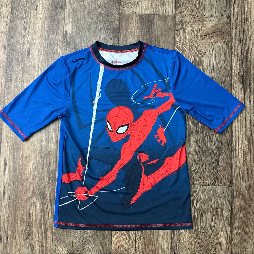 Marvel Spider-Man Swim Beach shirt boys size 10/12 Blue Red